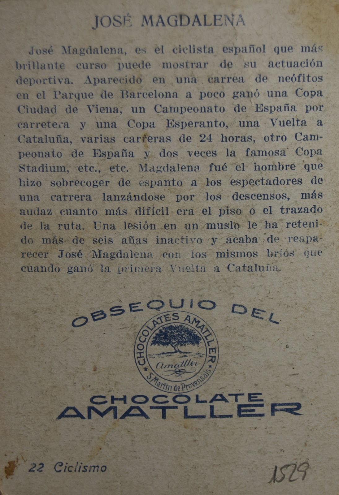 José Magdalena en un cromo de Chocolate Amatller