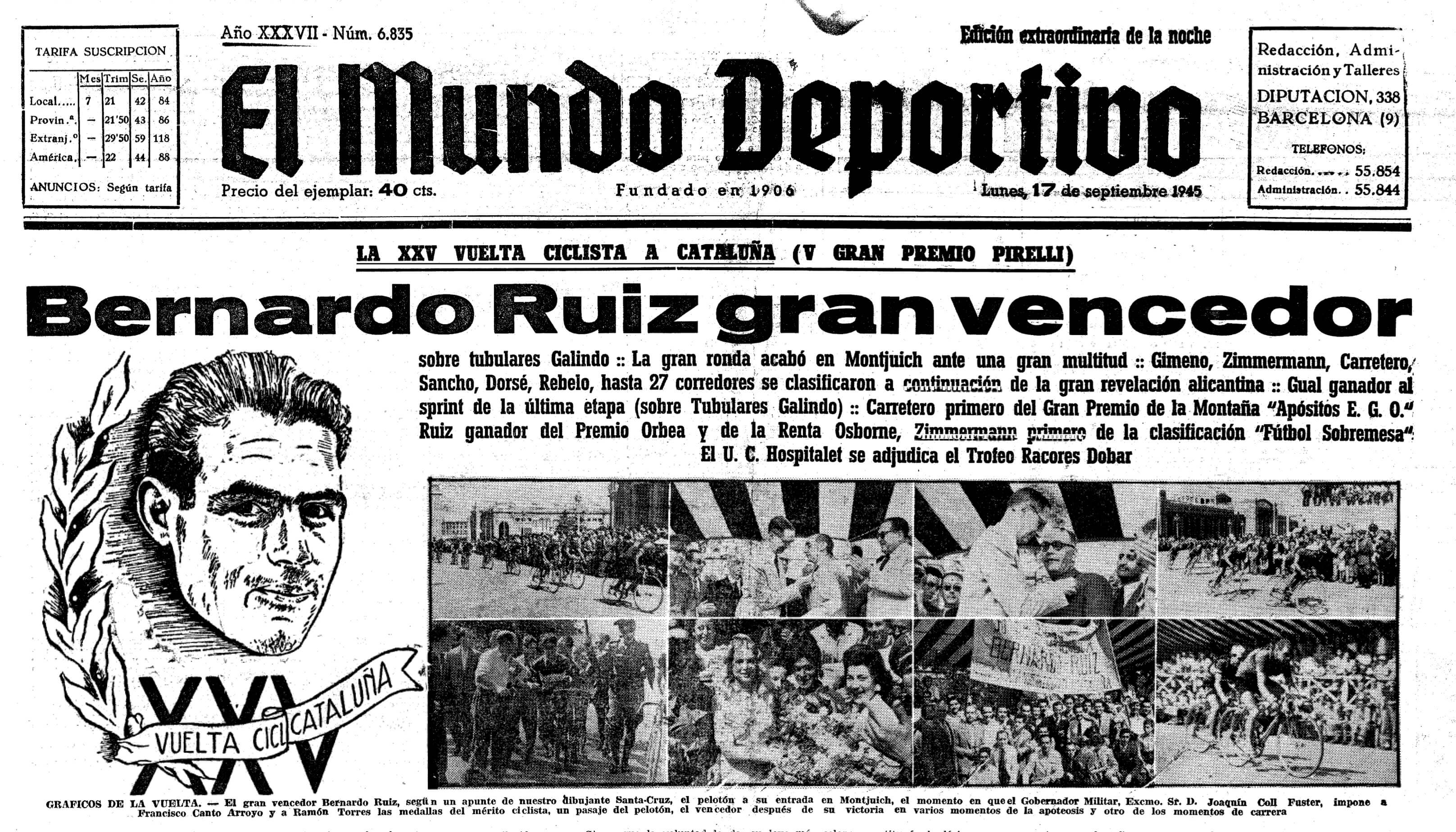Edición nocturna extraordinaria de <em>El Mundo Deportivo</em> (17-9-1945), p. 1