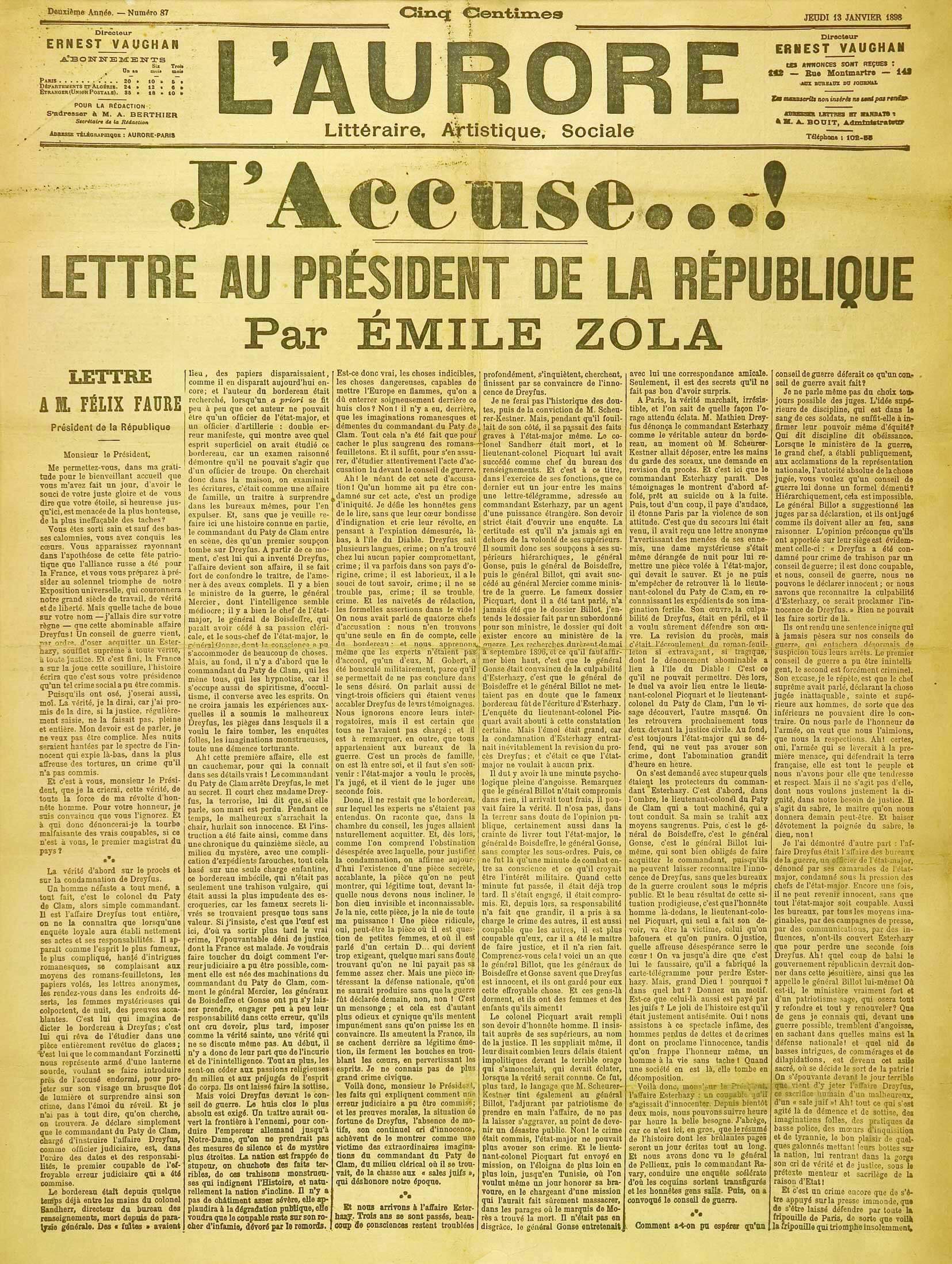 <em>L'Aurore</em>, 13 de enero de 1898