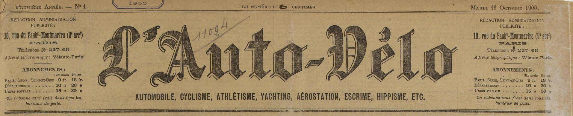 Cabecera del primer número de <em>L'Auto-Vélo</em>, 16 de octubre de 1900