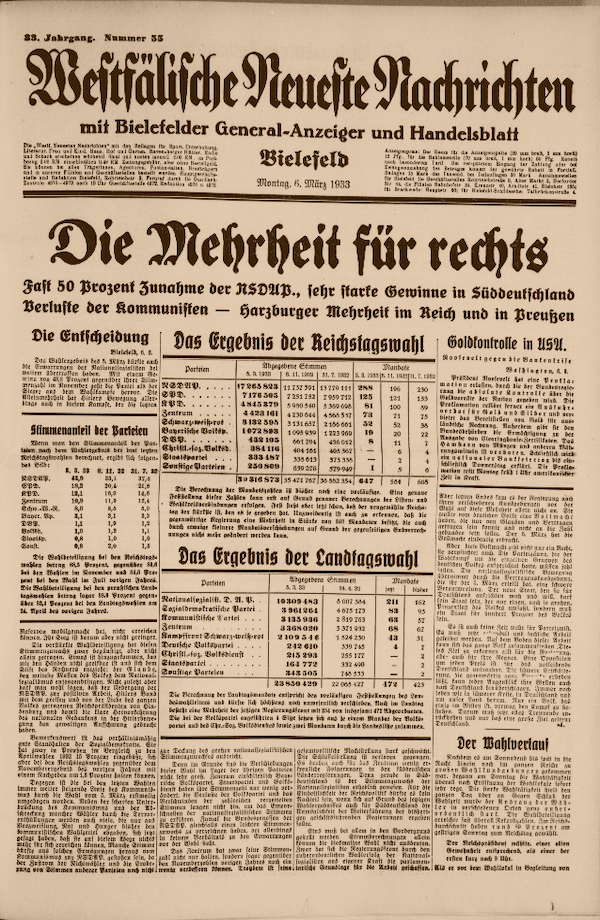 Primera página del Westfälische Neueste Nachrichten al día siguiente del triunfo del partido nazi en las elecciones de marzo de 1933